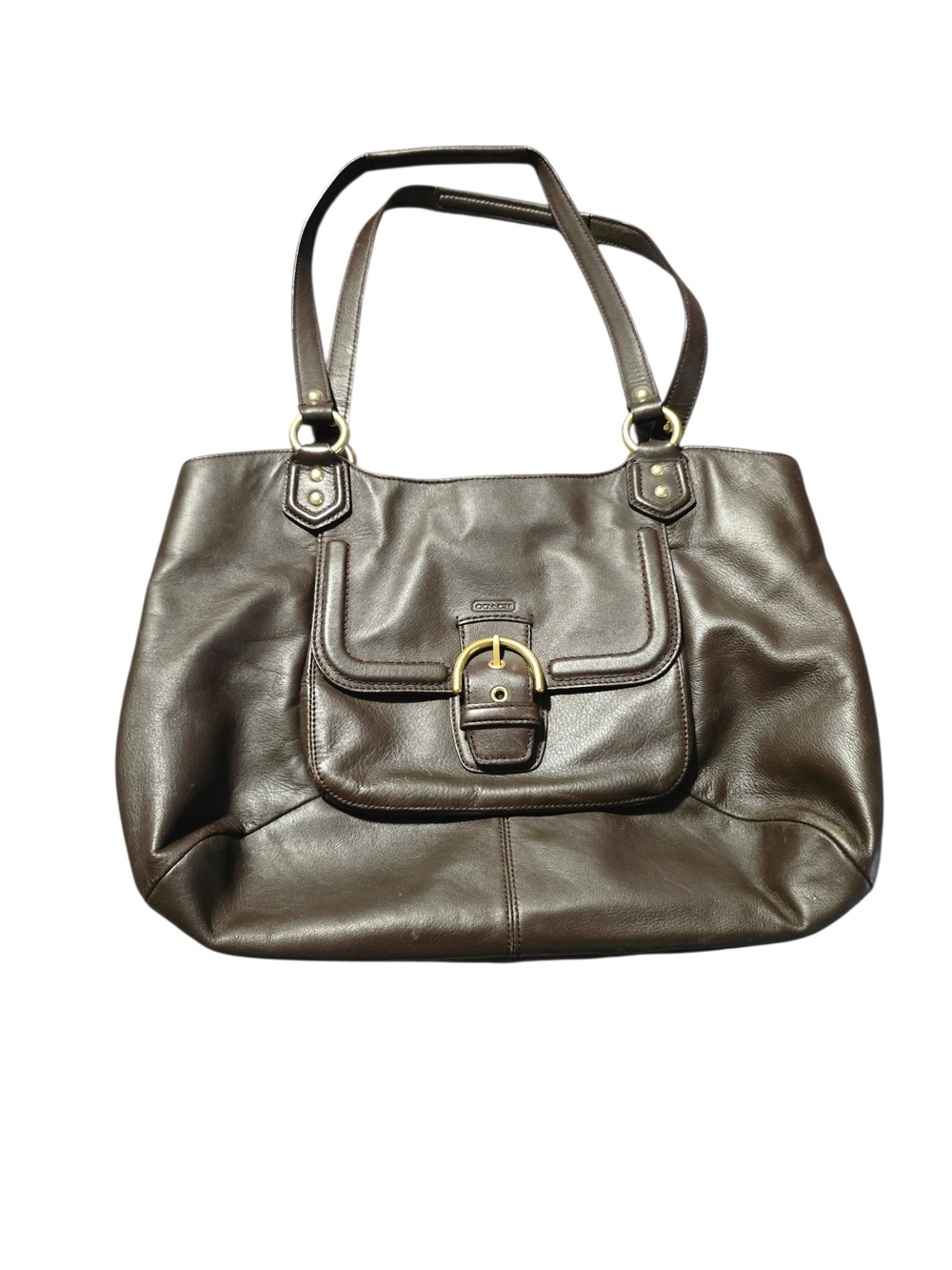 Coach Dark Brown Leather Shoulder Bag with Front Buckle